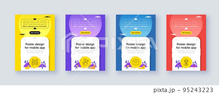 Simple set of Car, Delivery man and Package box line icons. Poster offer design with phone interface mockup. Include Shipping support icons. For web, application. Vector 95243223