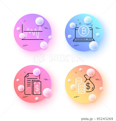 Coins bag, Bitcoin and Payment minimal line icons. 3d spheres or balls buttons. Stock analysis icons. For web, application, printing. Investment, Cryptocurrency laptop, Cash money. Vector 95243269