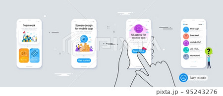 Set of Money bag, Fireworks explosion and Dots message line icons. Phone ui interface. Include Hotdog, Roller coaster, Food delivery icons. Sleep, Victory, Electricity web elements. Vector 95243276