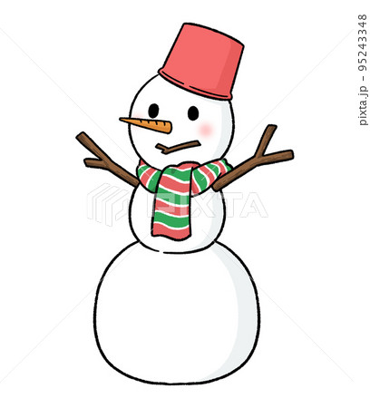 マフラーとバケツをかぶる三段重ねの雪だるま 95243348