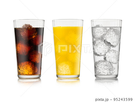Cola soda drink with lemonade and orange soda with ice cubes and bubbles on whi 95243599