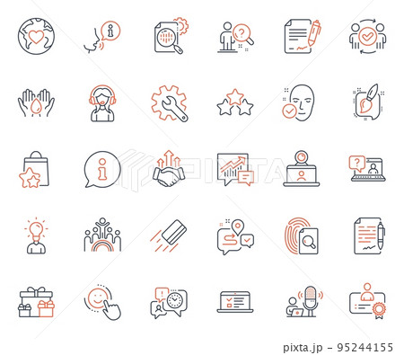 Business icons set. Included icon as Journey, Certificate and Inspect web elements. Inclusion, Signing document, Faq icons. Video conference, Smile, Search employee web signs. Vector 95244155