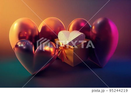 Gift box heart shaped package with ribbon on colorful blurred background. Gift box heart shaped package with ribbon on colorful blurred background. 95244219