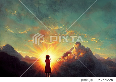 Young woman standing to the sun on background of mountains and sky with clouds during sunrise Young woman standing to the sun on background of mountains and sky with clouds during sunrise 95244220