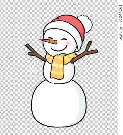 A three-tiered snowman wearing a scarf and a knit hat 95244261
