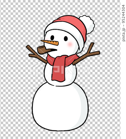 一個三層的雪人，戴著圍巾和針織帽，手裡拿著一根煙斗。 95244304