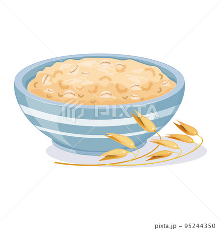 Oatmeal in blue cup with branch of an ear. English healthy breakfast. Granola in bowl 95244350