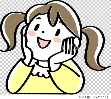 The upper body of a smiling girl looking up with a cane on her cheek 95244451