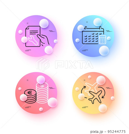 Currency, Connecting flight and Calendar minimal line icons. 3d spheres or balls buttons. Repair document icons. For web, application, printing. Euro and usd, Airport, Calculator device. Vector 95244775