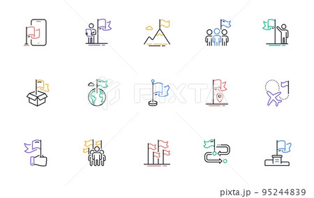 Flag line icons. Leadership, Goal Success, Winner with Flag. Navigation pointer, Travel goal destination, People protest line icons. Mountain with Flag pole, Delivery box, Ownership. Vector 95244839