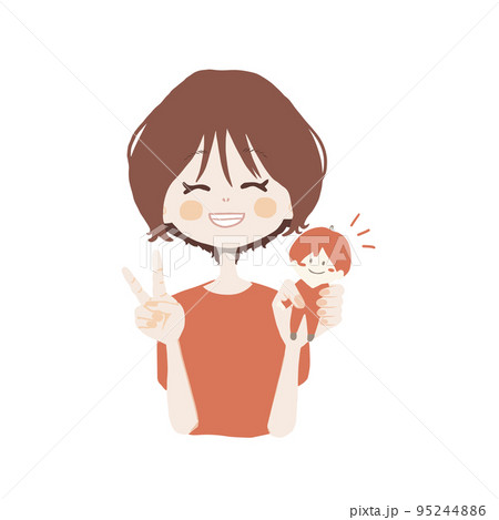 ライブTシャツを着た女の子が笑顔で推しのぬいぐるみを持ってピースをしているイラスト ライブTシャツを着た女の子が笑顔で推しのぬいぐるみを持ってピースをしているイラスト 95244886