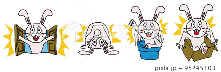 いろんな場所から勢いよく登場する笑顔のウサギ4点セット 95245103