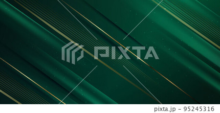 Abstract elegant dark green background with golden line diagonal and lighting effect sparkle. Luxury template design. 95245316