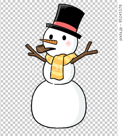 A three-tiered snowman wearing gloves, a scarf, a top hat, and holding a pipe tobacco. 95245378