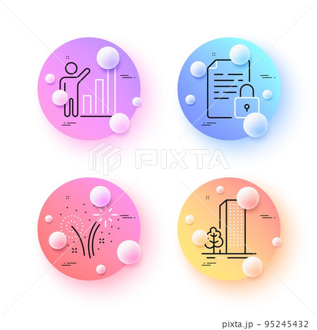 Buildings, Lock and Fireworks minimal line icons. 3d spheres or balls buttons. Graph chart icons. For web, application, printing. City architecture, Document with padlock, Pyrotechnic salute. Vector Buildings, Lock and Fireworks minimal line icons. 3d spheres or balls buttons. Graph chart icons. For web, application, printing. City architecture, Document with padlock, Pyrotechnic salute. Vector 95245432