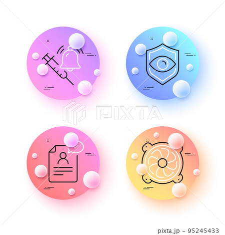 Resume document, Vaccine announcement and Computer fan minimal line icons. 3d spheres or balls buttons. Eye detect icons. For web, application, printing. Vector Resume document, Vaccine announcement and Computer fan minimal line icons. 3d spheres or balls buttons. Eye detect icons. For web, application, printing. Vector 95245433