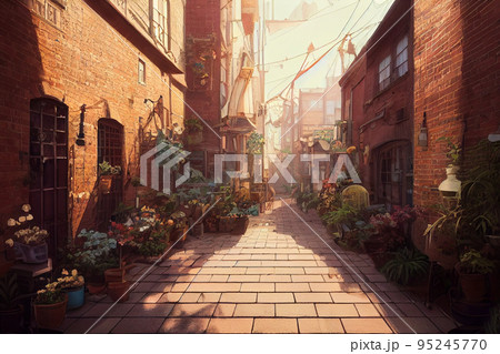 イラスト 路地 夕暮れ ヨーロッパ レンガ造り 植物 街 95245770