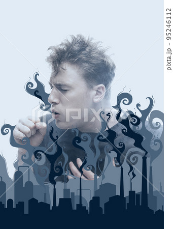 Suffocate in the smoke. Scared young man with stressed emotions isolated over white background with clouds of smoke. Concept of facial expression, emotions Suffocate in the smoke. Scared young man with stressed emotions isolated over white background with clouds of smoke. Concept of facial expression, emotions 95246112