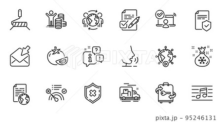 Outline set of Reject protection, Santa sack and Insurance policy line icons for web application. Talk, information, delivery truck outline icon. Vector Outline set of Reject protection, Santa sack and Insurance policy line icons for web application. Talk, information, delivery truck outline icon. Vector 95246131