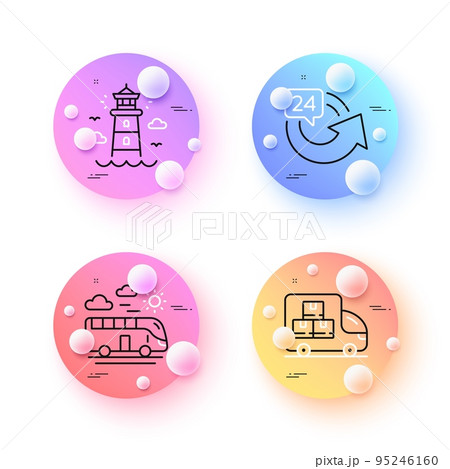 Lighthouse, Delivery truck and Bus travel minimal line icons. 3d spheres or balls buttons. 24 hours icons. For web, application, printing. Beacon tower, Warehouse pallet, Transport. Repeat. Vector Lighthouse, Delivery truck and Bus travel minimal line icons. 3d spheres or balls buttons. 24 hours icons. For web, application, printing. Beacon tower, Warehouse pallet, Transport. Repeat. Vector 95246160