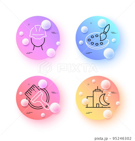 Palette, Foreman and Brush minimal line icons. 3d spheres or balls buttons. Night city icons. For web, application, printing. Art brush, Engineer person, Sleeping building. Vector 95246302
