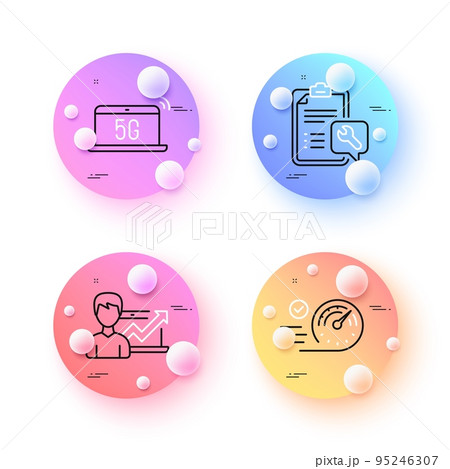 Success business, Speedometer and 5g notebook minimal line icons. 3d spheres or balls buttons. Spanner icons. For web, application, printing. Growth chart, Time concept, Wireless laptop. Vector 95246307