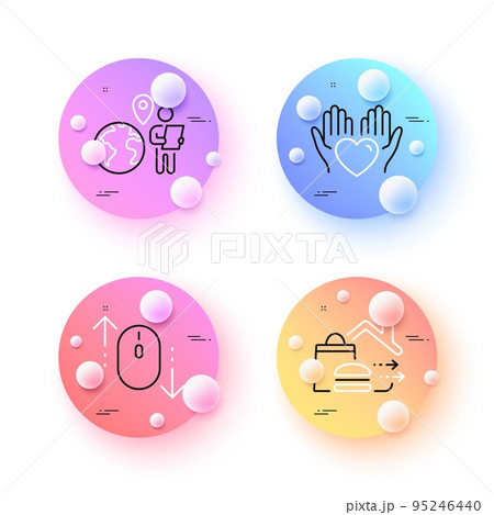 Outsource work, Scroll down and Food delivery minimal line icons. 3d spheres or balls buttons. Hold heart icons. For web, application, printing. Remote worker, Mouse swipe, Food order. Vector 95246440