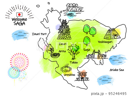 手描きの佐賀県の観光地のシンプル線画イラストマップ 95246495