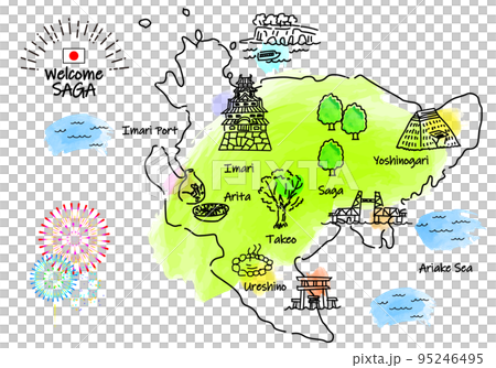 手描きの佐賀県の観光地のシンプル線画イラストマップ 95246495