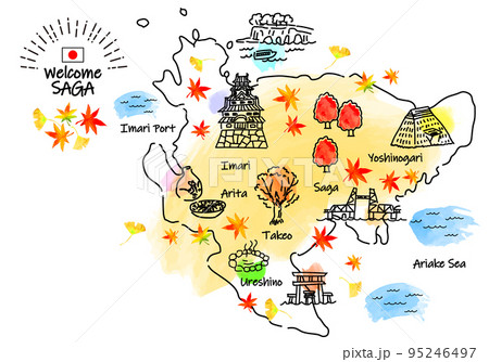 秋の佐賀県の観光地のシンプル線画イラストマップ 95246497