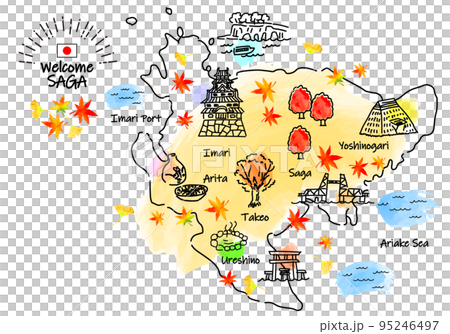 秋の佐賀県の観光地のシンプル線画イラストマップ 95246497