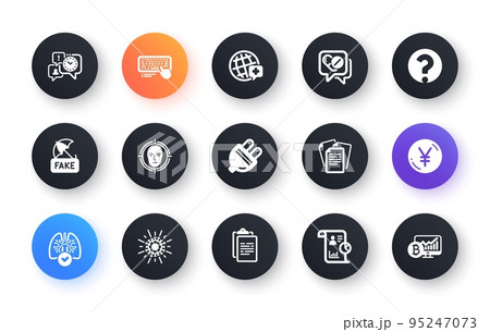 Minimal set of Face detect, Documents and Medical drugs flat icons for web development. World medicine, Yen money, Time management icons. Coronavirus, Lungs, Fake news web elements. Vector Minimal set of Face detect, Documents and Medical drugs flat icons for web development. World medicine, Yen money, Time management icons. Coronavirus, Lungs, Fake news web elements. Vector 95247073