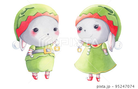 Cute bunnies dressed as elves. Watercolor characters. Cute bunnies dressed as elves. Watercolor characters. 95247074