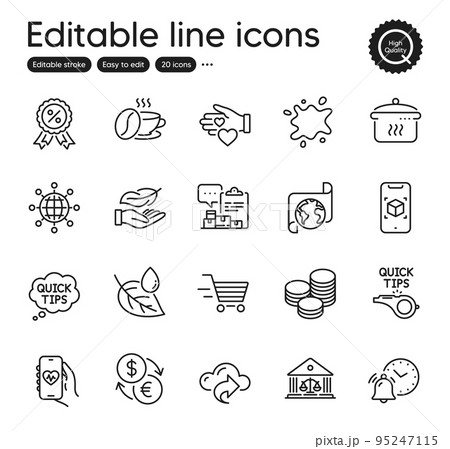 Set of Business outline icons. Contains icons as Cloud share, Tips and Quick tips elements. Court building, Lightweight, Volunteer web signs. Translation service, Discount medal. Vector 95247115