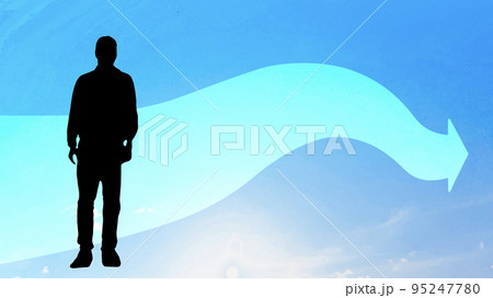 青空にカーブした矢印と男性のシルエット_ワイド 青空にカーブした矢印と男性のシルエット_ワイド 95247780