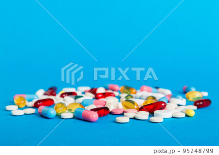 Many different colorful medication and pills perspective view. Set of many pills on colored background Many different colorful medication and pills perspective view. Set of many pills on colored background 95248799