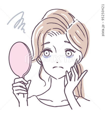 手鏡を見て目のくまに悩む女性　鏡にうつる自分の隈を見る女の人　人物イラスト素材 95250421
