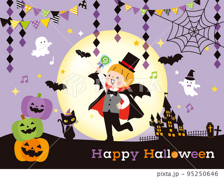 ハロウィンの仮装をする男の子と満月の夜空 95250646