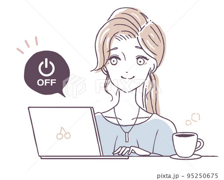 ノートパソコンの電源を切る女性 ノートpcをシャットダウンする女の人 システム終了 イラスト素材 ノートパソコンの電源を切る女性 ノートpcをシャットダウンする女の人 システム終了 イラスト素材 95250675
