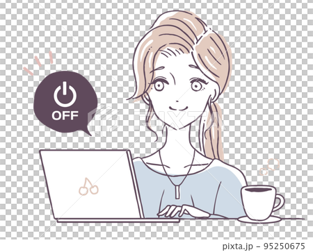ノートパソコンの電源を切る女性 ノートpcをシャットダウンする女の人 システム終了 イラスト素材 ノートパソコンの電源を切る女性 ノートpcをシャットダウンする女の人 システム終了 イラスト素材 95250675