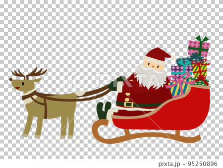 たくさんのプレゼントを配るサンタクロースと、ソリを引くトナカイのの