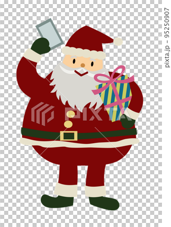 A hand-drawn illustration of a cheerful and cute Santa Claus holding a smartphone and a present A hand-drawn illustration of a cheerful and cute Santa Claus holding a smartphone and a present 95250907
