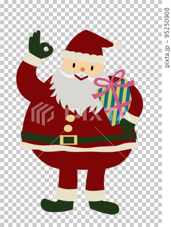 一個快樂可愛的聖誕老人拿著禮物並給出 OK 手勢的手繪插圖 95250908