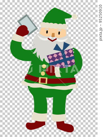 A hand-drawn illustration of a cheerful and cute Santa Claus holding a smartphone and a present 95250910