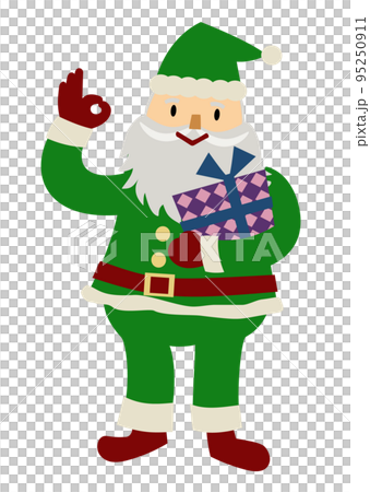 A hand-drawn illustration of a cheerful and cute Santa Claus holding a present and giving an OK sign 95250911