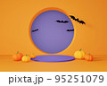 3D rendering purple product display stand with pumpkins and flying bats on orange background. Happy Halloween theme. 95251079