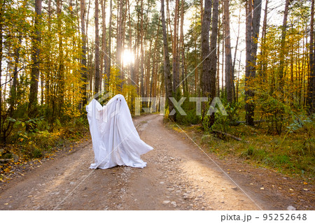 A child in sheets with cutout for eyes like a ghost costume in an autumn forest scares and terrifies. A kind little funny ghost. Halloween Party A child in sheets with cutout for eyes like a ghost costume in an autumn forest scares and terrifies. A kind little funny ghost. Halloween Party 95252648