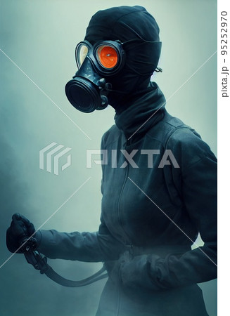 A stalker survivor in protective clothing and an gas mask. Survivor of nuclear war. 3d rendering A stalker survivor in protective clothing and an gas mask. Survivor of nuclear war. 3d rendering 95252970