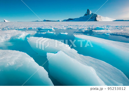 A sunny day in cold Antarctica. Antarctic icebergs. Reflection of icebergs in clear deep transparent water. 3D rendering 95253012