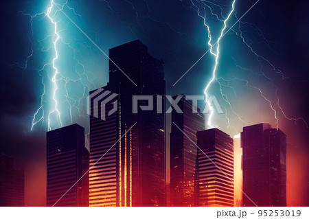 Huge lightnings over a major modern metropolis. A night storm over the city. 3D rendering 95253019